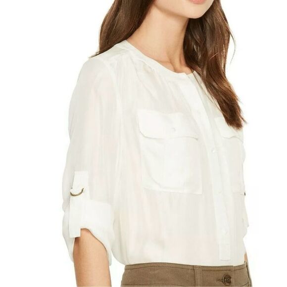 TRINA TURK Top Womens L Jemison Collarless Roll-Tab Sleeve‎ Henley Blouse Ivory - Picture 4 of 11